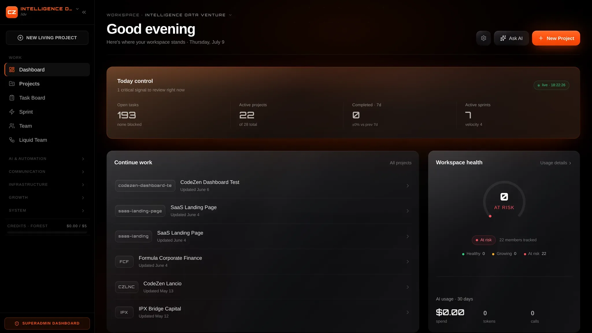 The CodeZen dashboard — live product, real projects in production.